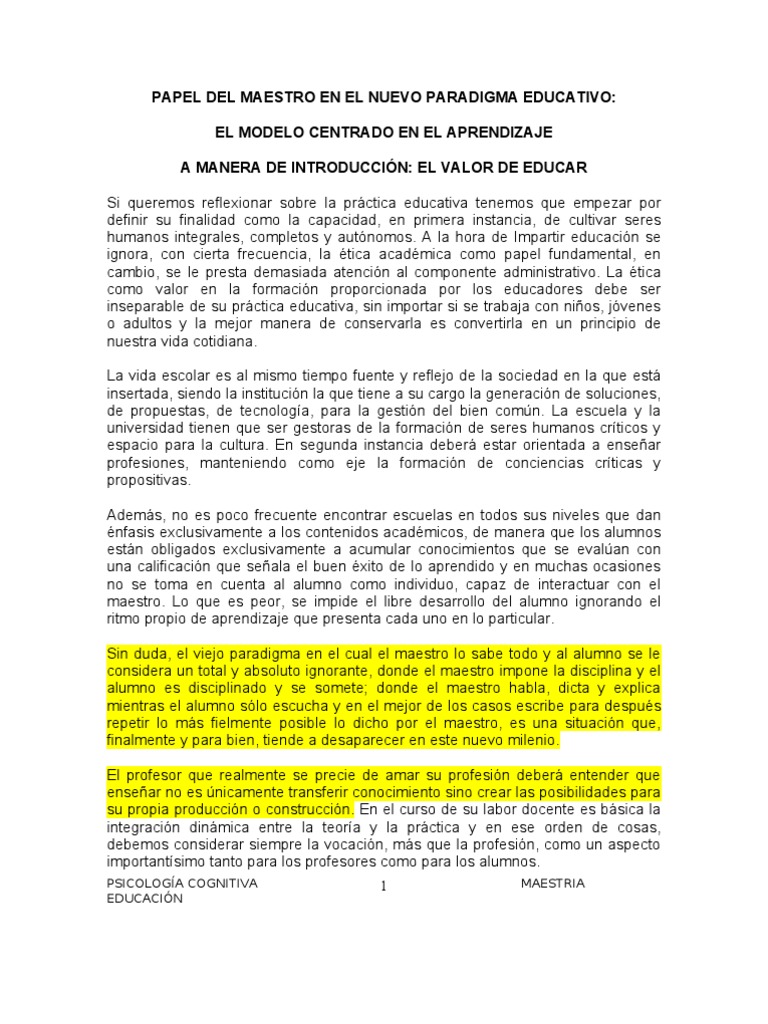 El Maestro en el Nuevo Paradigma Educativo | PDF | Aprendizaje | Sicología