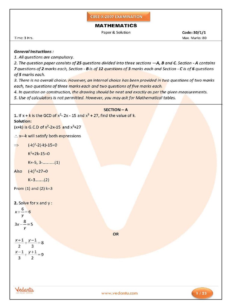 CBSE Mathematics Exam Paper Solutions | PDF | Circle | Area