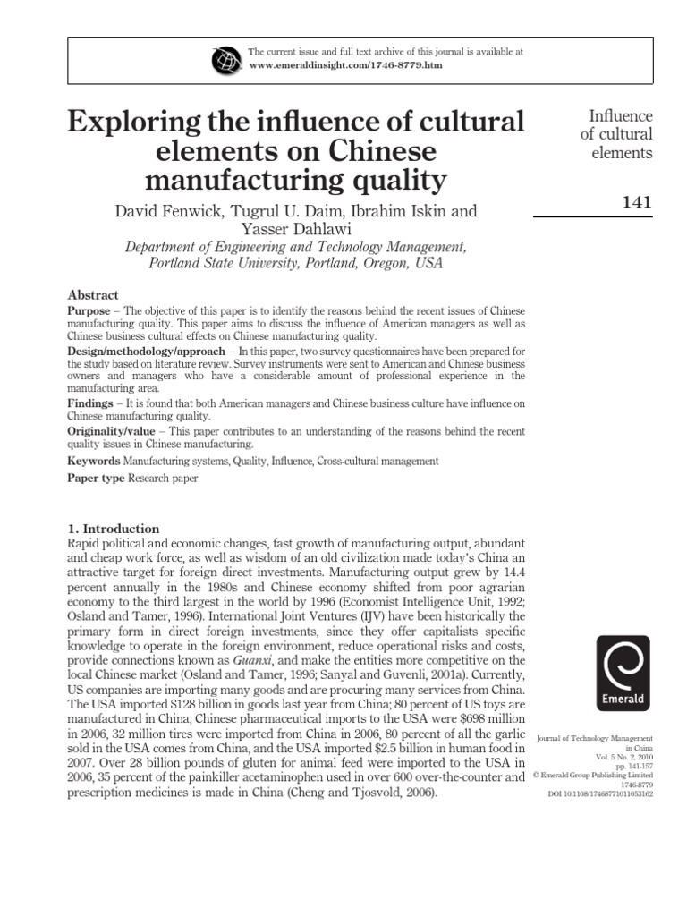 Exploring The Influence of Cultural Elements On Chinese Manufacturing Quality PDF Survey