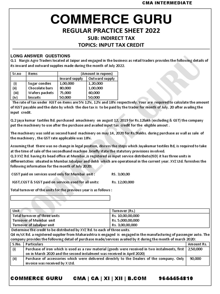 Practicesheet - Input Tax Credit | PDF | Value Added Tax | Taxes