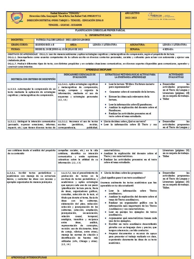 2bgu - Planificacion Curricular Lengua | PDF | Aprendizaje | Plan de ...