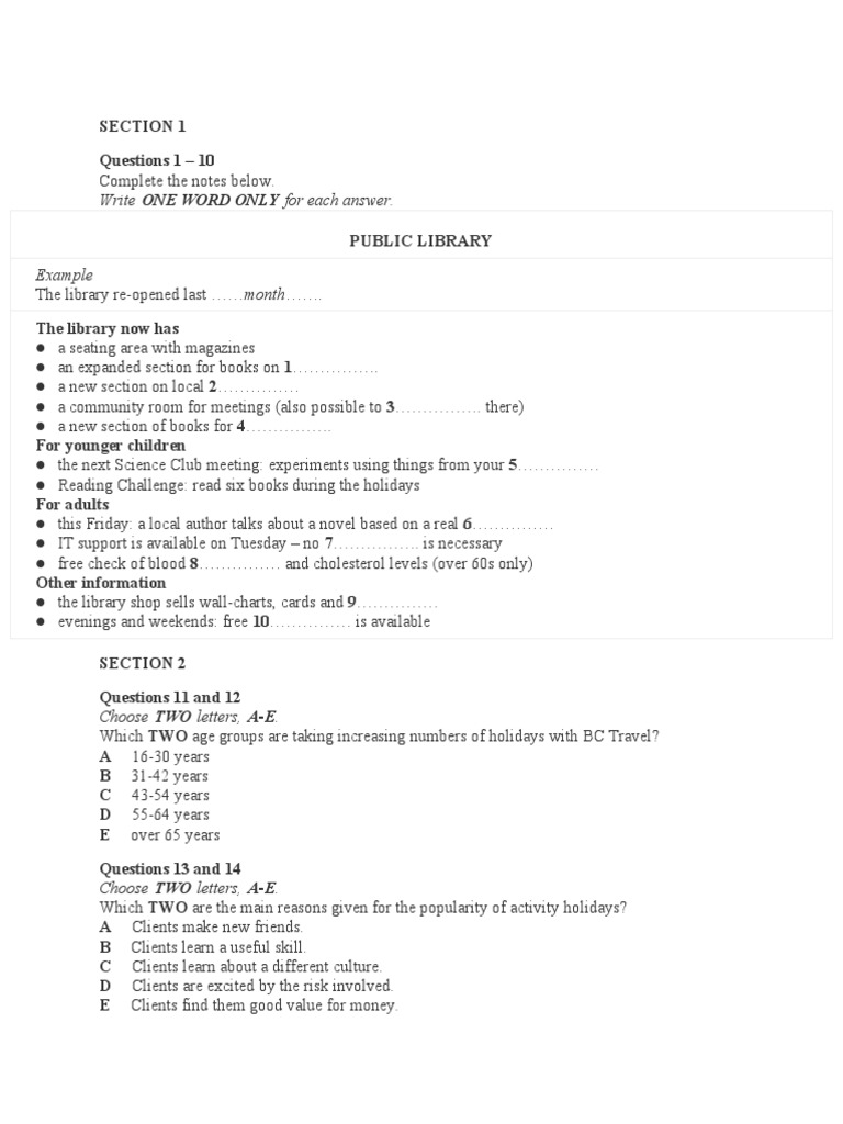 Section 1 questions 1 10 write one word only for each answer pdf