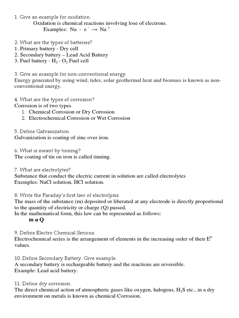 Engg Chem II UT1 Answer Key PDF Corrosion Electrochemistry