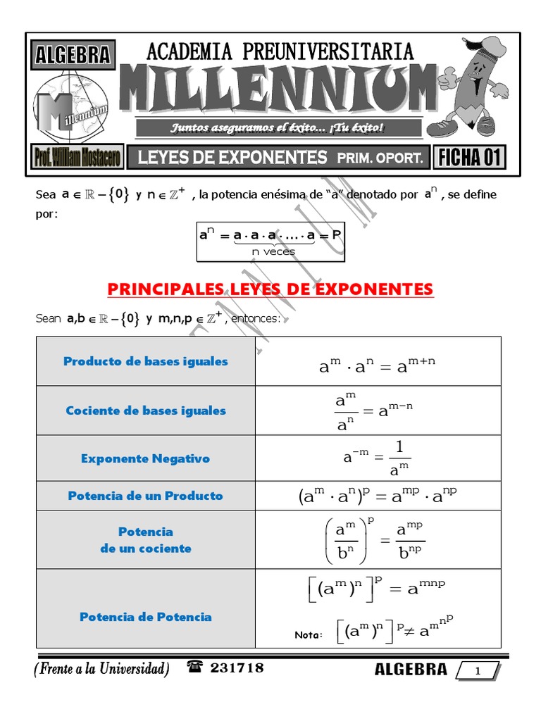 Ficha 01 Leyes de Exponentes | PDF | Exponenciación | Álgebra abstracta