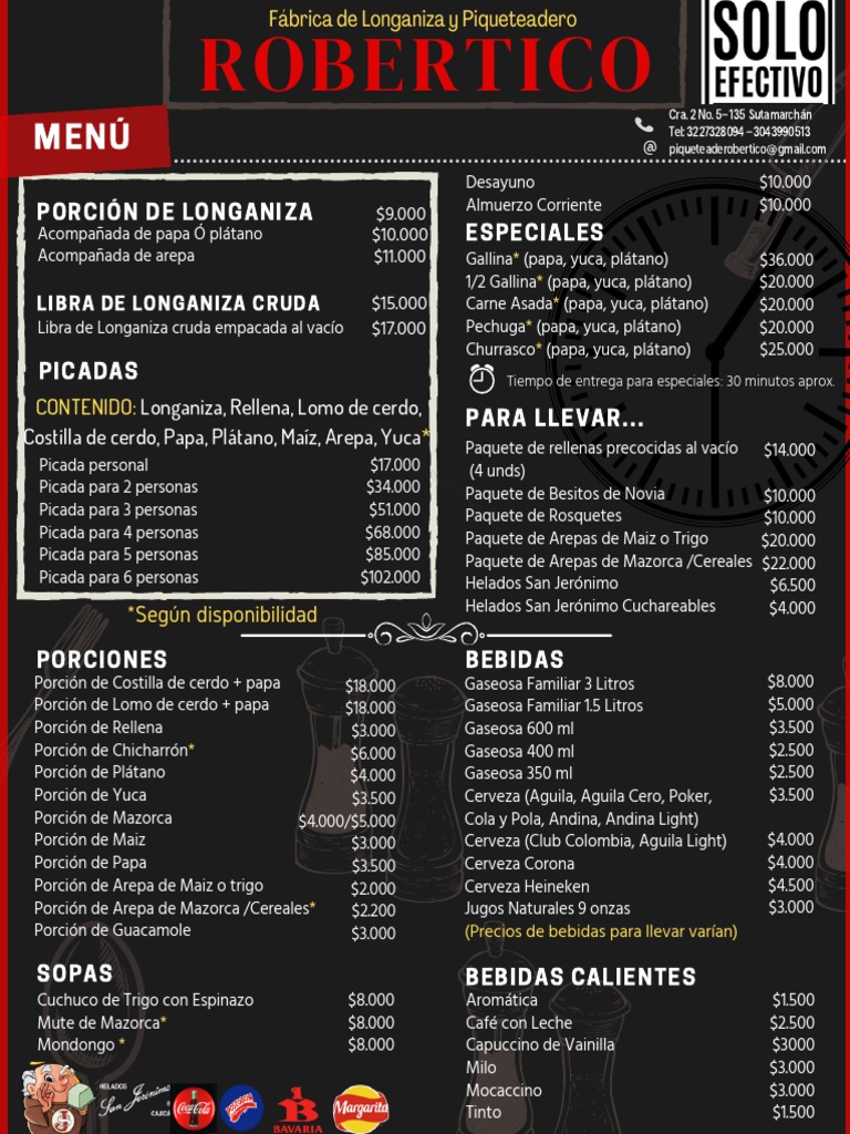 Robertico un menú completo de comida casera y picadas típicas