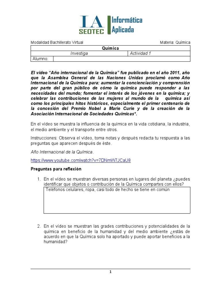 10 Química Actividad 1 PDF Química Entorno natural