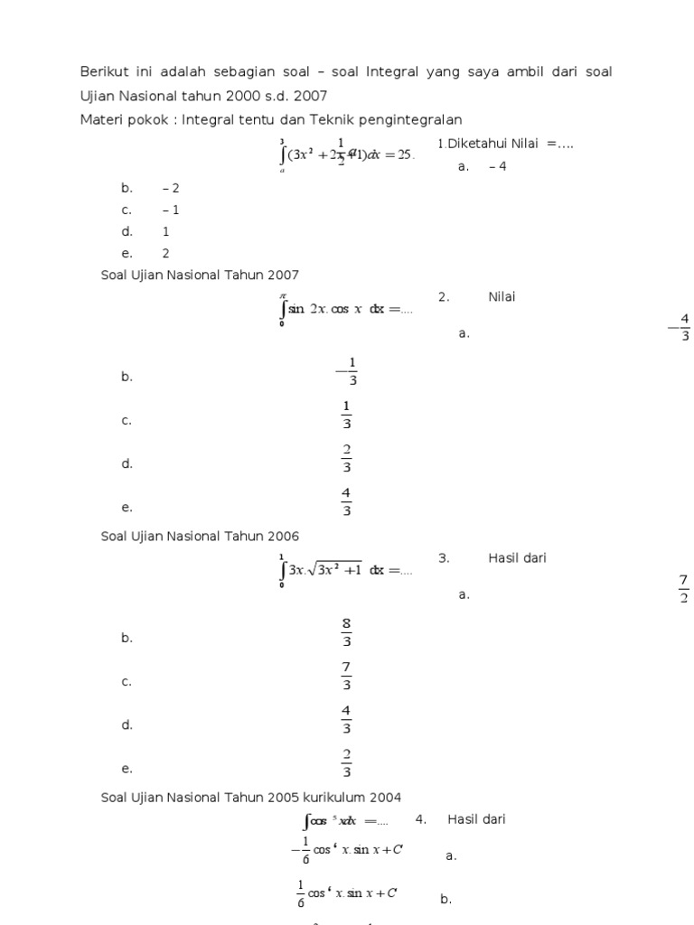 Soal Ujian Nasional Integral 2000-2007 | PDF