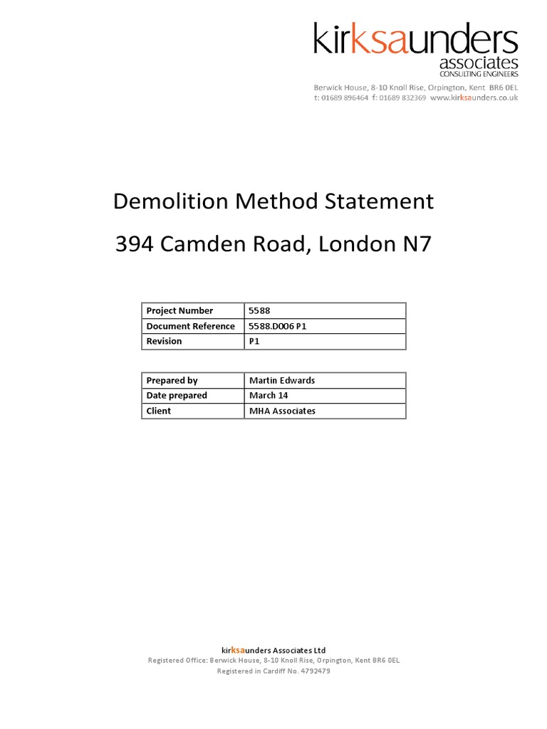 Demolition method statement 394 camden road london n7 project number