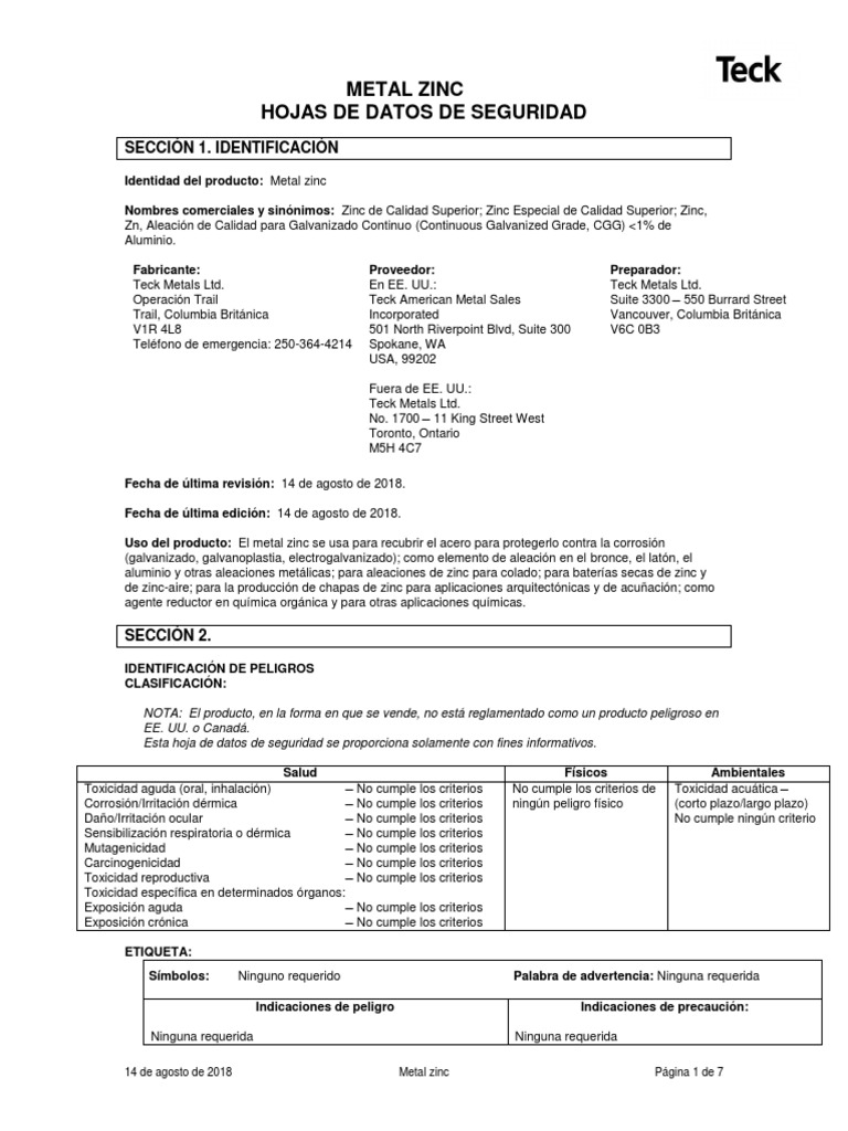 ZincMetalSpanishSDS PDF Zinc Agua