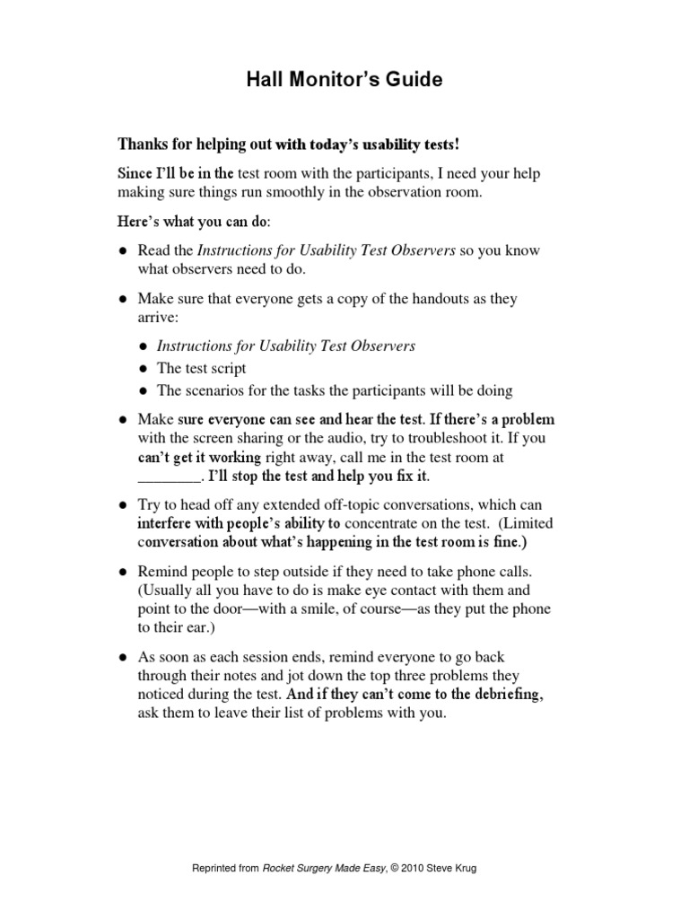Hall Monitor's Guide: Thanks For Helping Out With Today's Usability ...