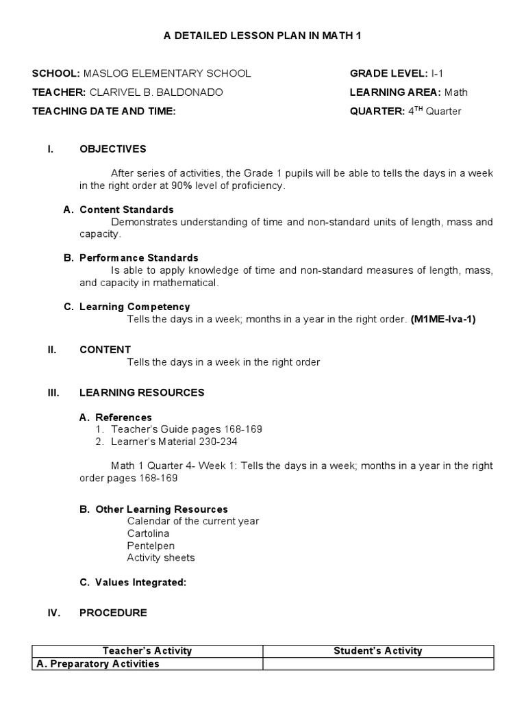 Grade 1 Math Lesson: Days of the Week | PDF | Lesson Plan | Teachers