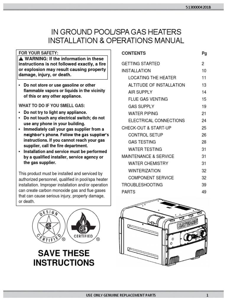 In Ground Pool Spa Gas Heaters Installation Operations Manual | PDF ...