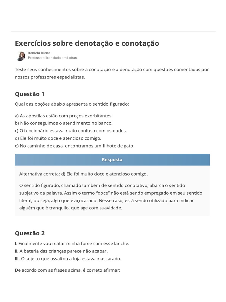 10 Exercícios Comentados Sobre Denotação e Conotação - Toda Matéria ...