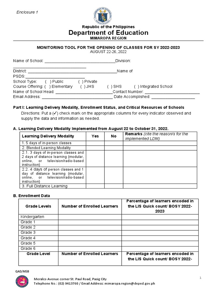 Monitoring tool for the opening of classes for sy 2022 2023 pdf