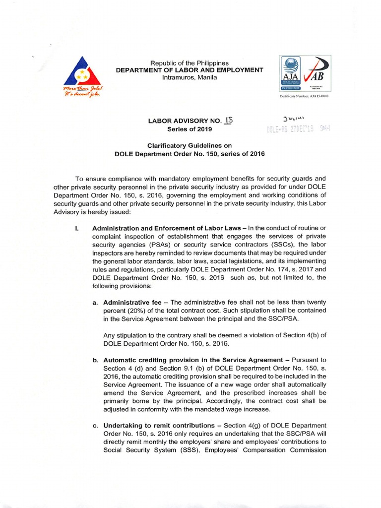 Labor Advisory 15 19 Clarificatory Guidelines On DOLE Department Order ...