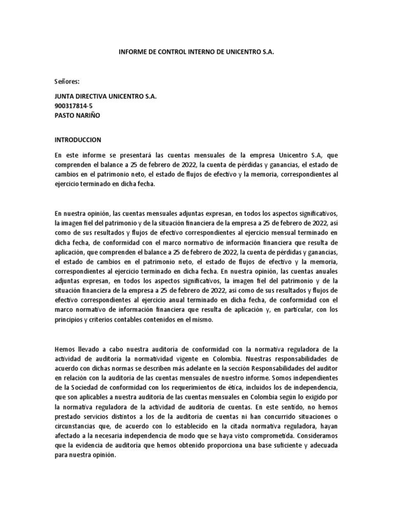 INFORME DE CONTROL INTERNO DE UNICENTRO - Auditoria 2 | PDF | Auditoría ...