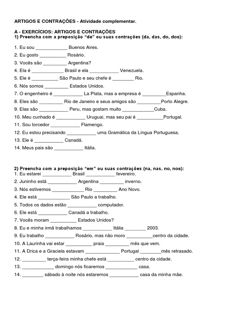 Exercícios de Artigos e Contrações | PDF | Carreira e Crescimento ...