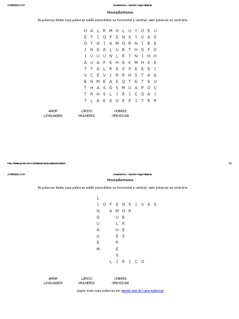 Caça-palavras trovadorismo1 resposta