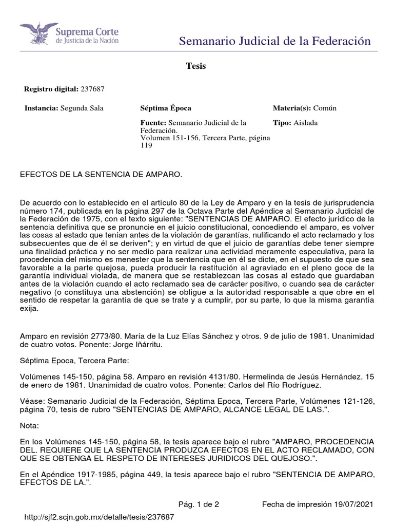 Efectos de la Sentencia de Amparo | PDF | Sentencia (ley) | Caso de ley