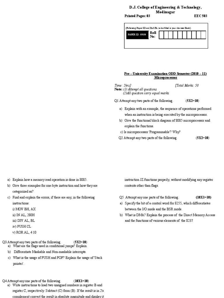 Microprocessor Exam Paper - D.J. College | PDF