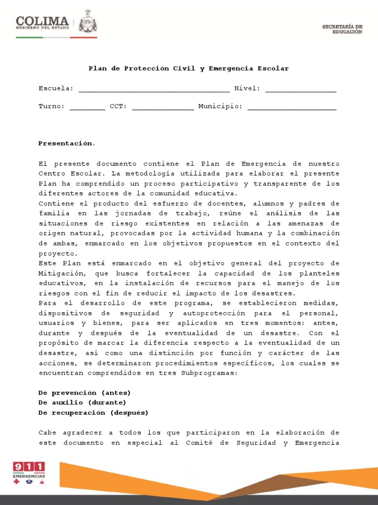 Plan de Emergencia Escolar Comunitario | PDF | Defensa Civil | Primeros ...