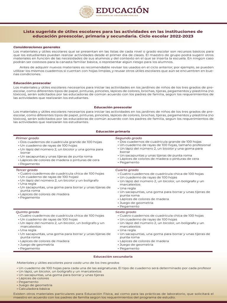Lista Sugerida Útiles Escolares SEP 2022 A 2023 | PDF | Educación de la ...