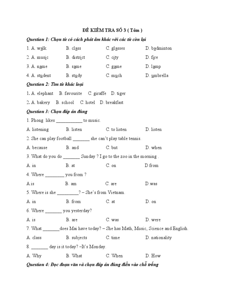 Đề Kiểm Tra Tiếng Anh Lớp 3 | PDF | Language Arts & Discipline