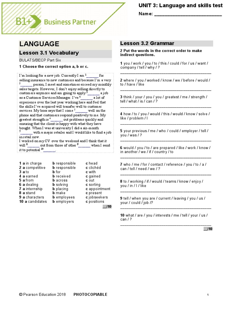 BP B1P Tests U3 | PDF | Communication