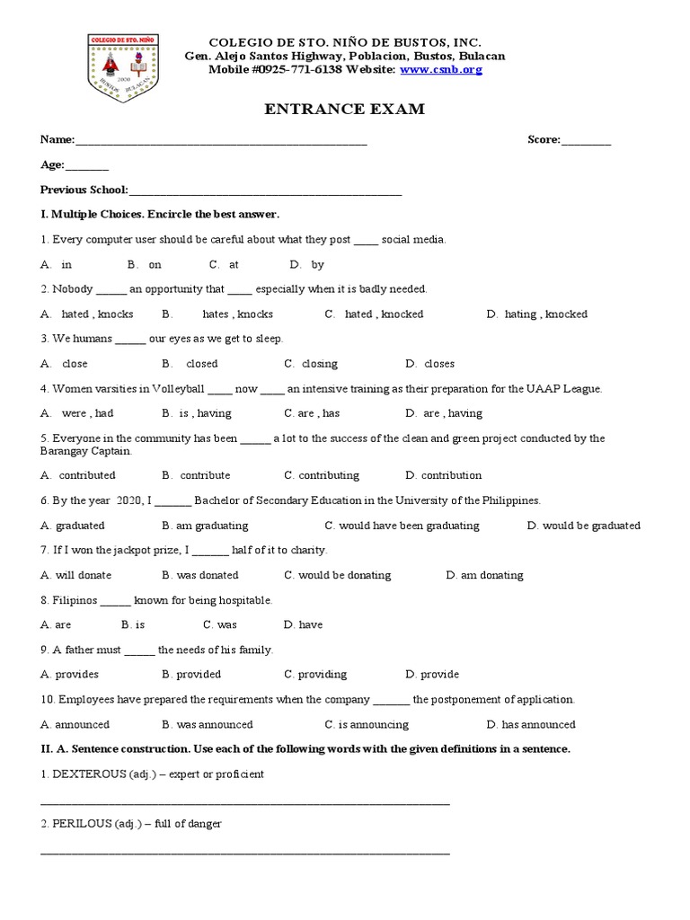 EntranceExam JHS PDF Adjective