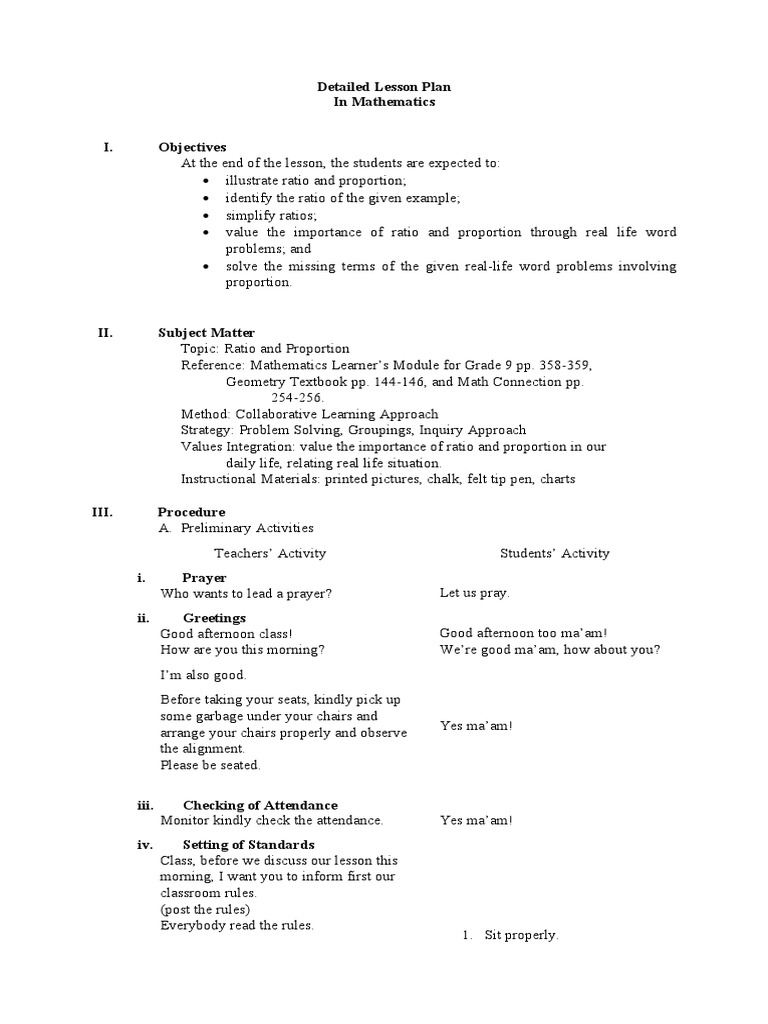 Grade 9 Ratio and Proportion Lesson Plan | PDF | Ratio | Lesson Plan