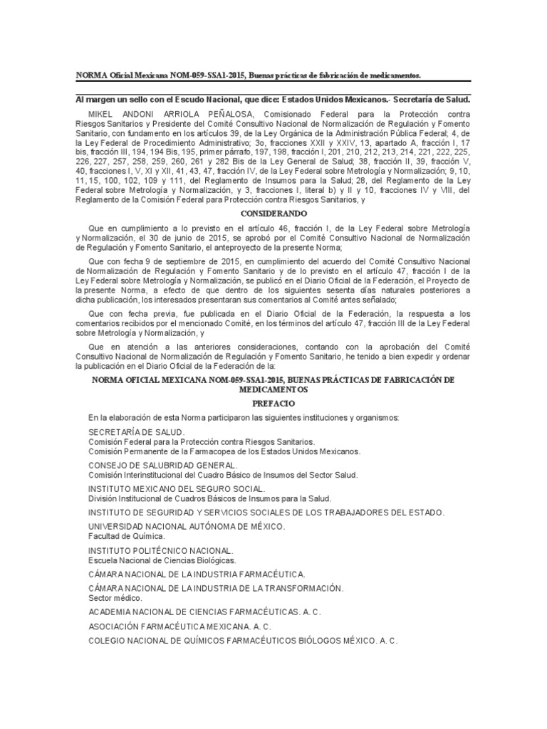 Norma 059 | PDF | Calidad (comercial) | Medicamentos con receta