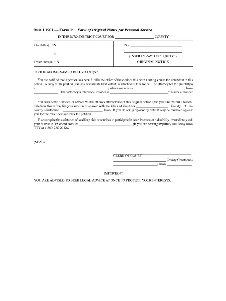 Rule 1 1901 form 1 form of original notice for personal service pdf