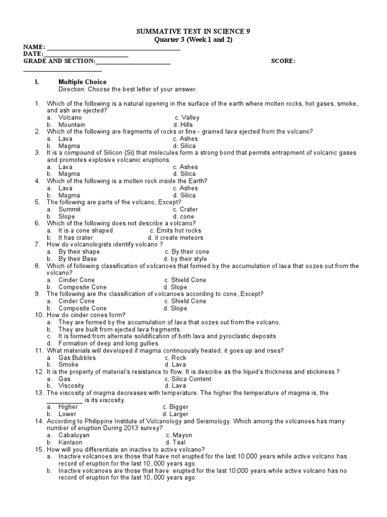 Science 9 Quarter 3 Volcano Test | PDF | Volcano | Lava