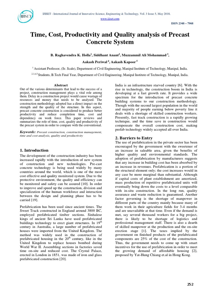 Time, Cost, Productivity and Quality Analysis of Precast Concrete