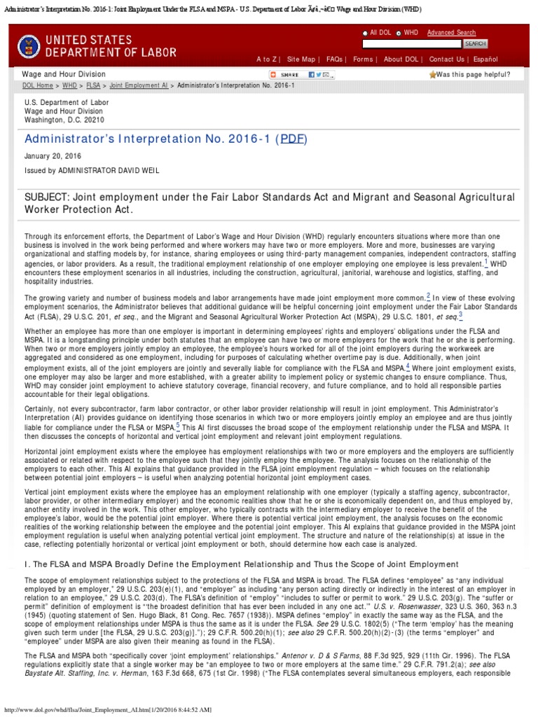 DOL_Joint_Employment_1_20_16 PDF Employment Overtime