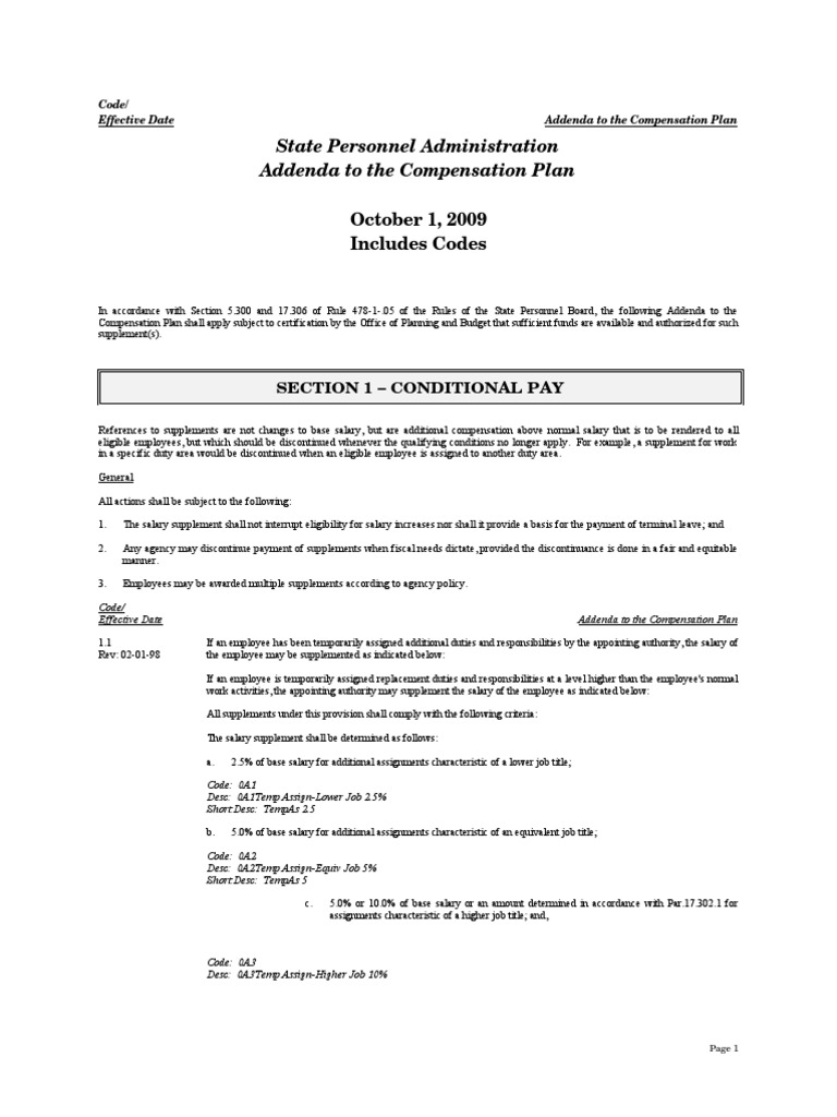 State Personnel Administration Addenda To The Compensation Plan PDF Audiology Teachers