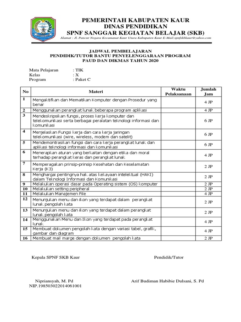 Jadwal Pembelajaran TIK Paket C | PDF