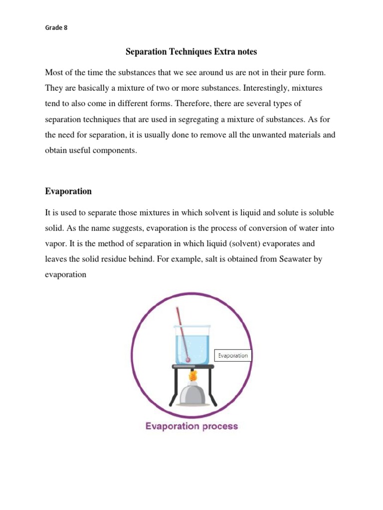 Separation Techniques Extra Notes Grade 8 PDF Distillation Filtration