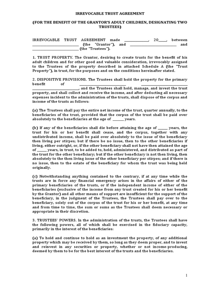 Irrevocable Trust Agreement Template PDF Trust Law Trustee