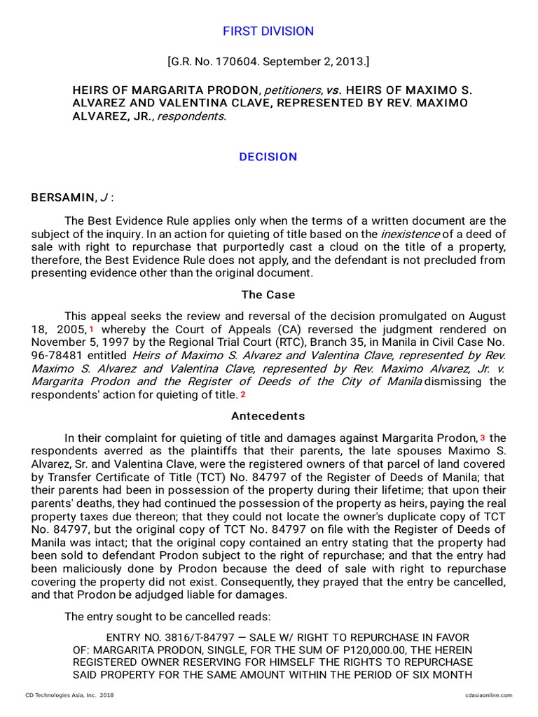 Best Evidence Rule in Quieting Title Case | PDF | Evidence | Burden Of ...
