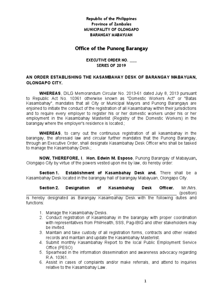 EO Kasambahay Desk PDF Government Governance