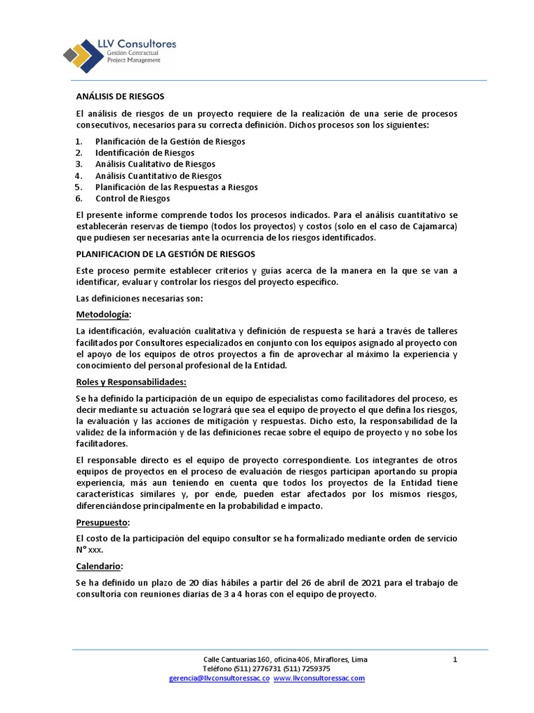 Plan De Gestión De Riesgos Ejemplo Pdf Planificación Riesgo