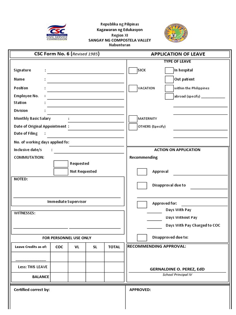 Application of leave csc form no 6 revised 1985 pdf government