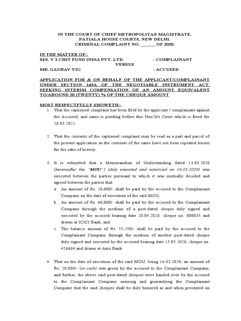 Application for Interim Compensation 20% | PDF | Cheque | Plaintiff