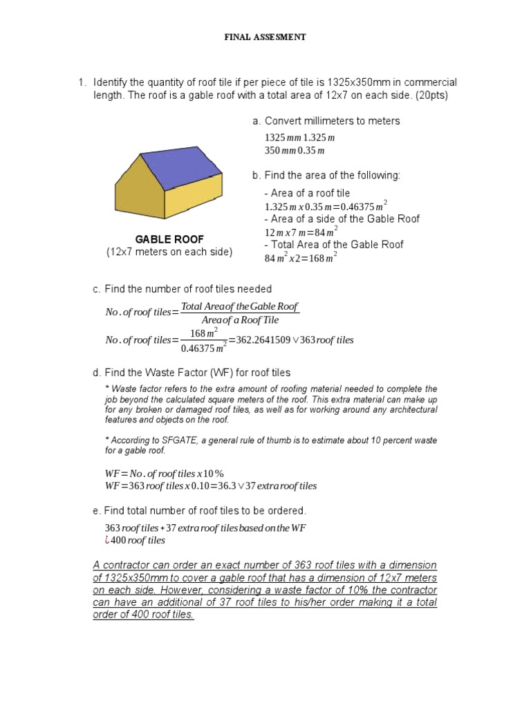 Roof Tile and CHB Quantity Calculation | PDF | Roof | Metro Manila