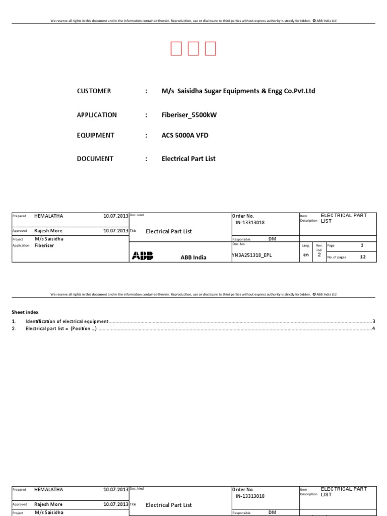 ACS 5000A VFD Electrical Parts List | PDF