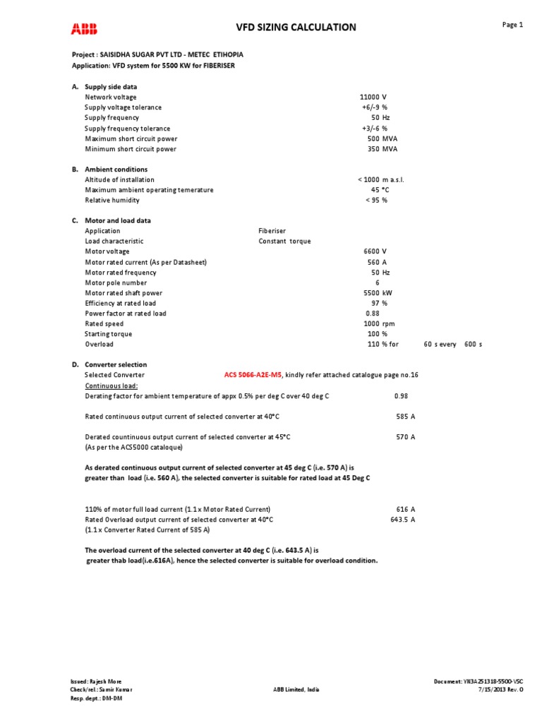VFD Sizing Calculation | PDF | Electric Motor | Electric Power