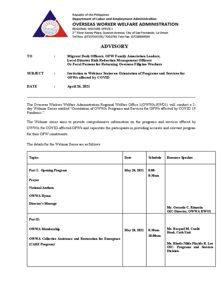 Overseas Worker Welfare Administration: Republic of The Philippines ...