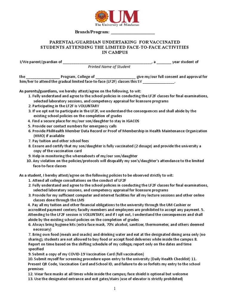 Parental Consent for LF2F Classes | PDF | Tuition Payments | Health ...
