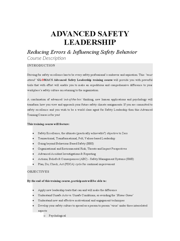 ADVANCED SAFETY LEADERSHIP PDF Occupational Safety And Health
